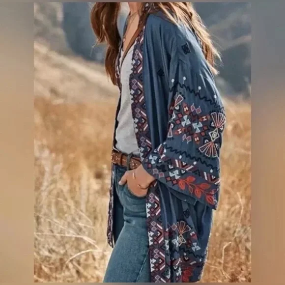 Johnny Was Mareen Kimono XS – Chambray Embroidered Boho Cardigan - Picture 1 of 14